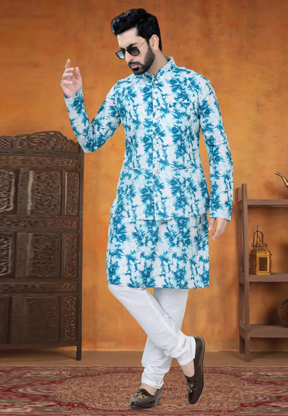 Teal Cotton Kurta Pajama With Jacket 294999