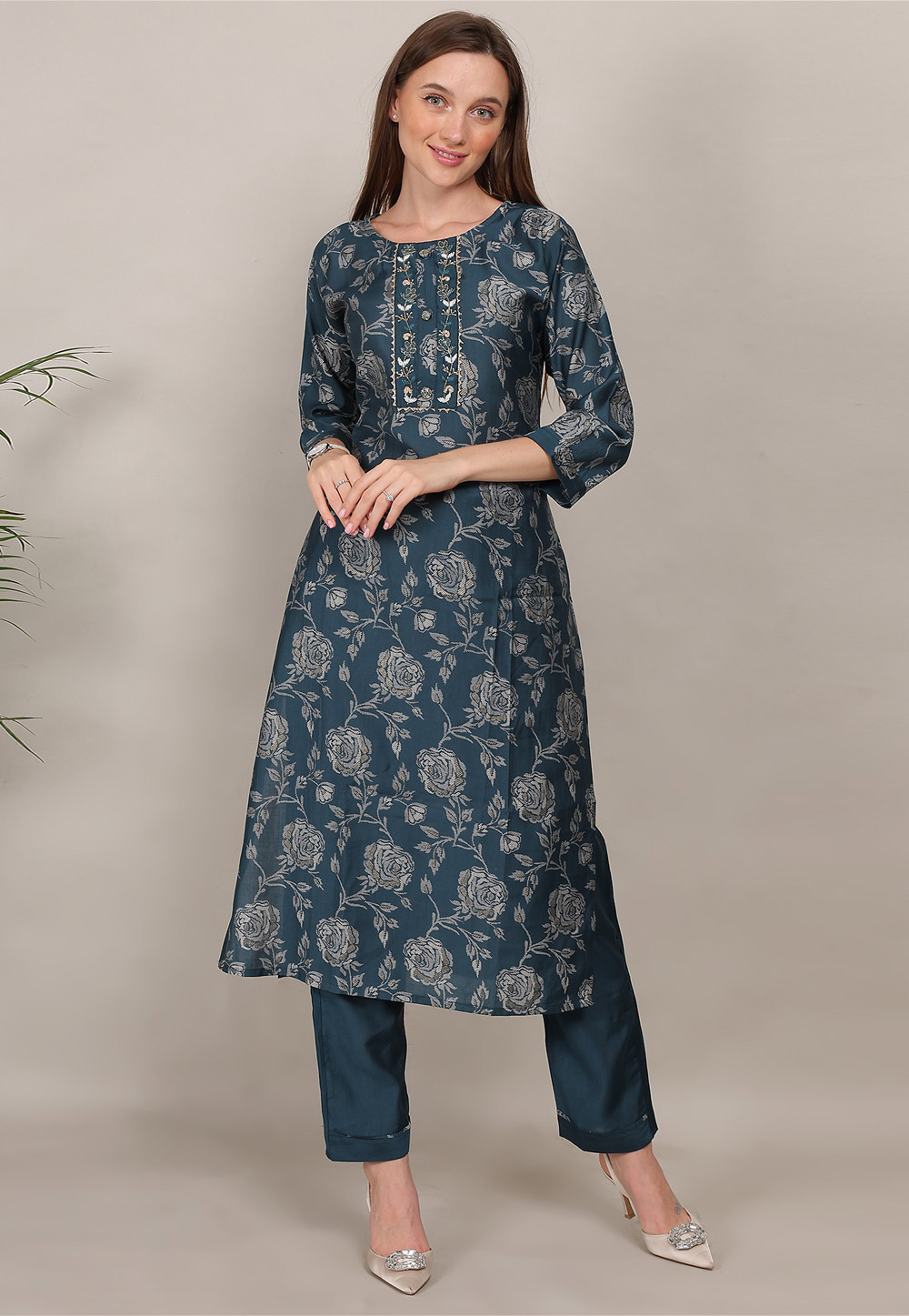 Teal Cotton Kurta Set With Pant 309983