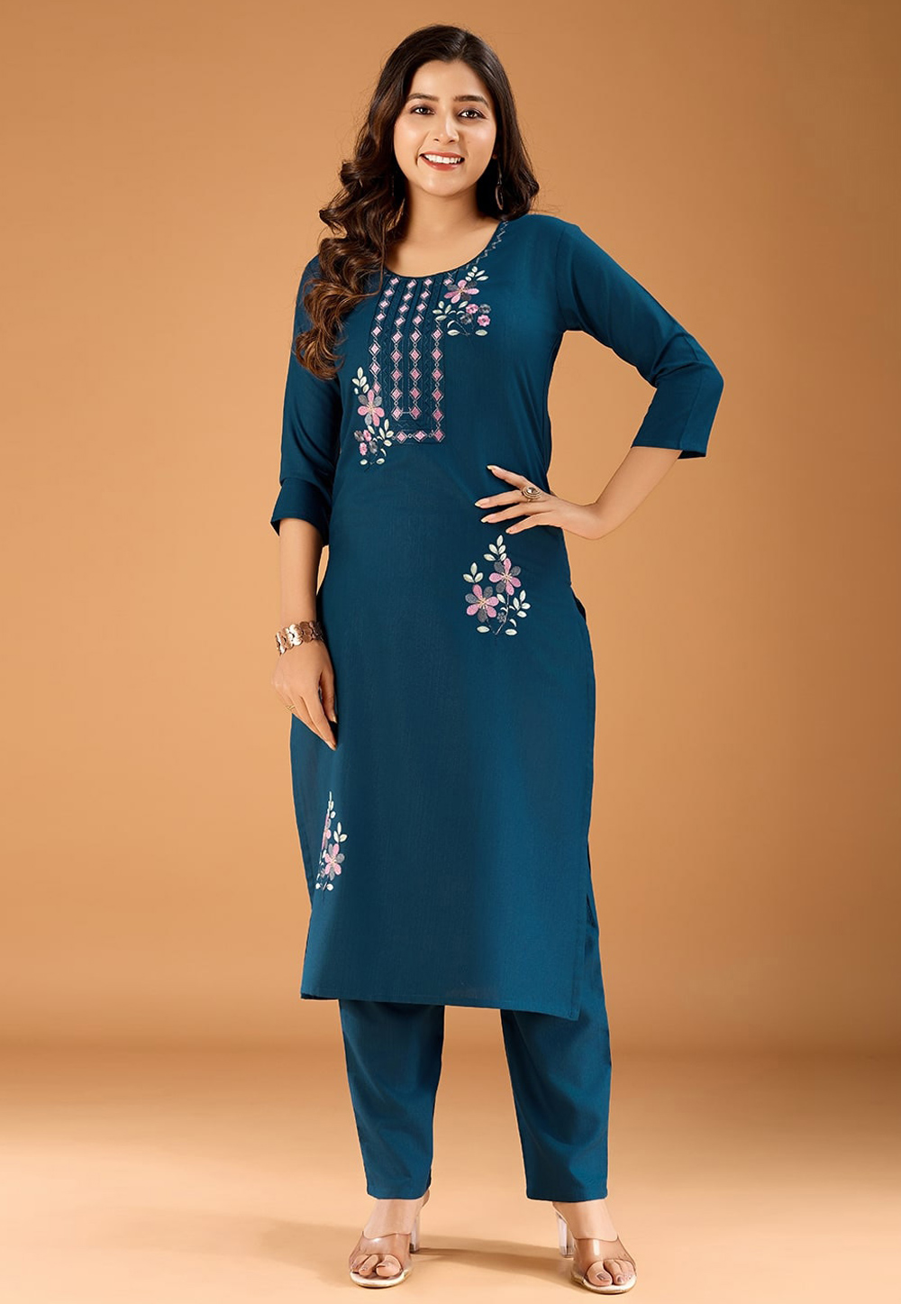 Teal Cotton Kurta Set With Pant 309853