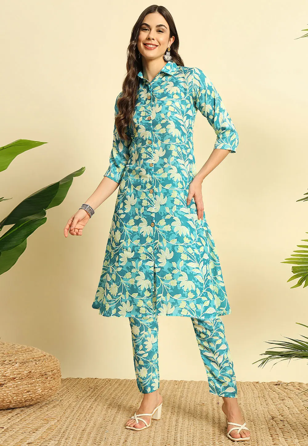 Teal Cotton Kurta Set With Pent 301387