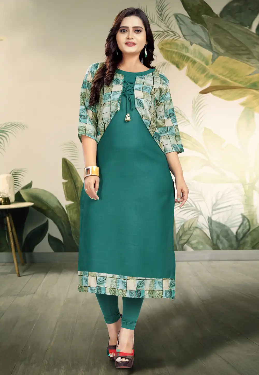 Teal Cotton Long Kurti With Jacket 288068