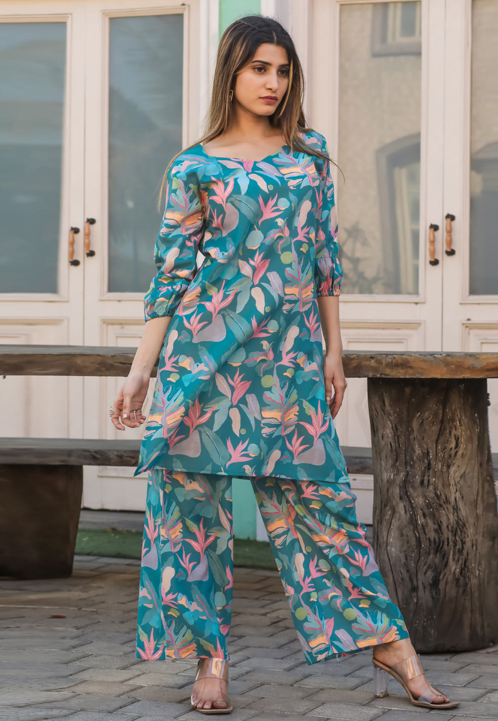 Teal Cotton Printed Co-Ords Set 283397