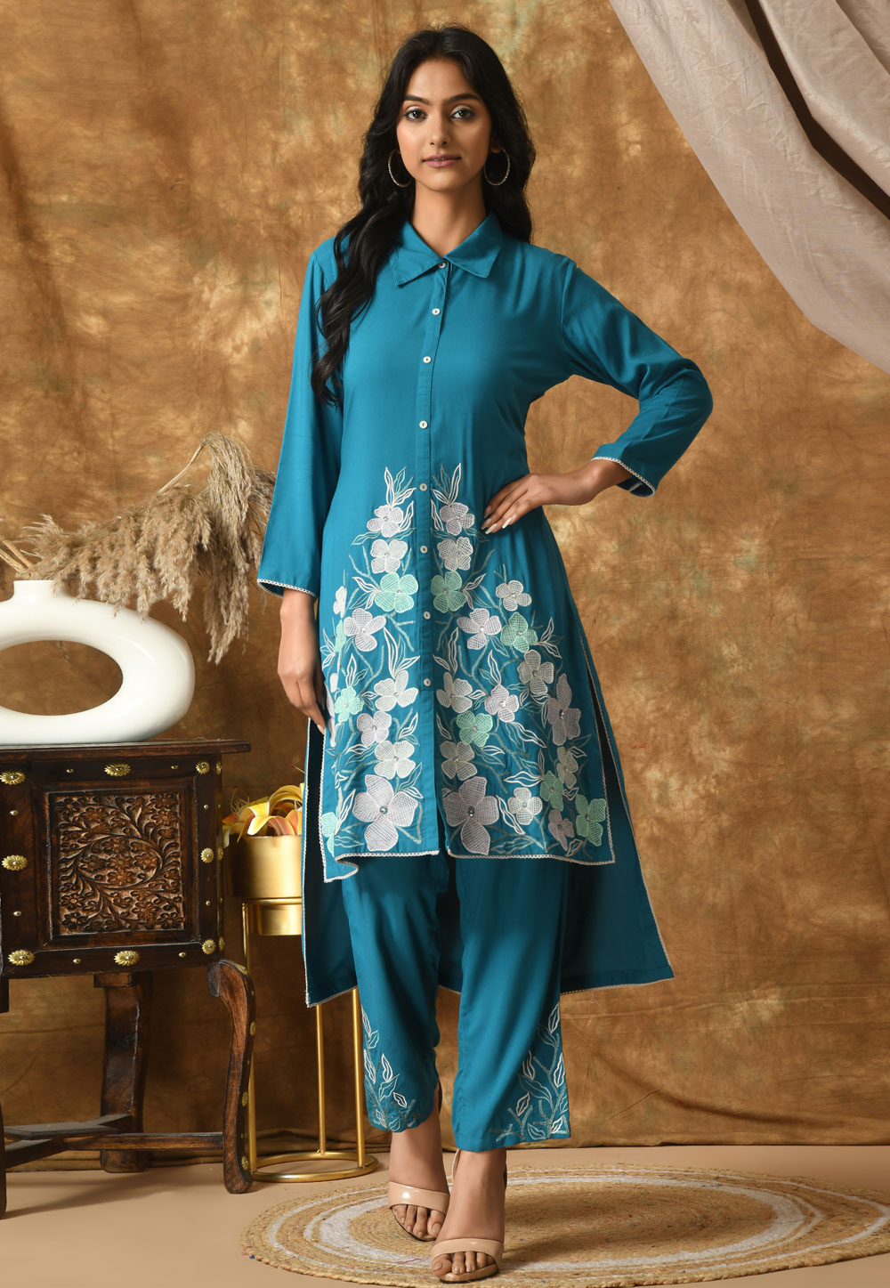 Teal Cotton Rayon Kurta Set With Pent 305489