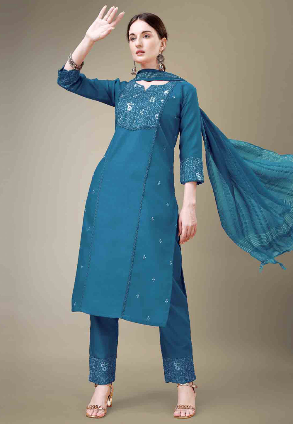 Teal Cotton Readymade Pakistani Suit 280837