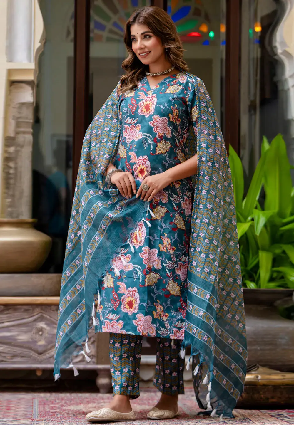 Teal Cotton Readymade Pakistani Suit 297537