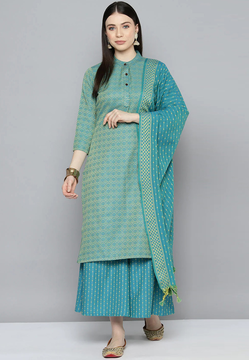 Teal Cotton Readymade Pakistani Suit 286478