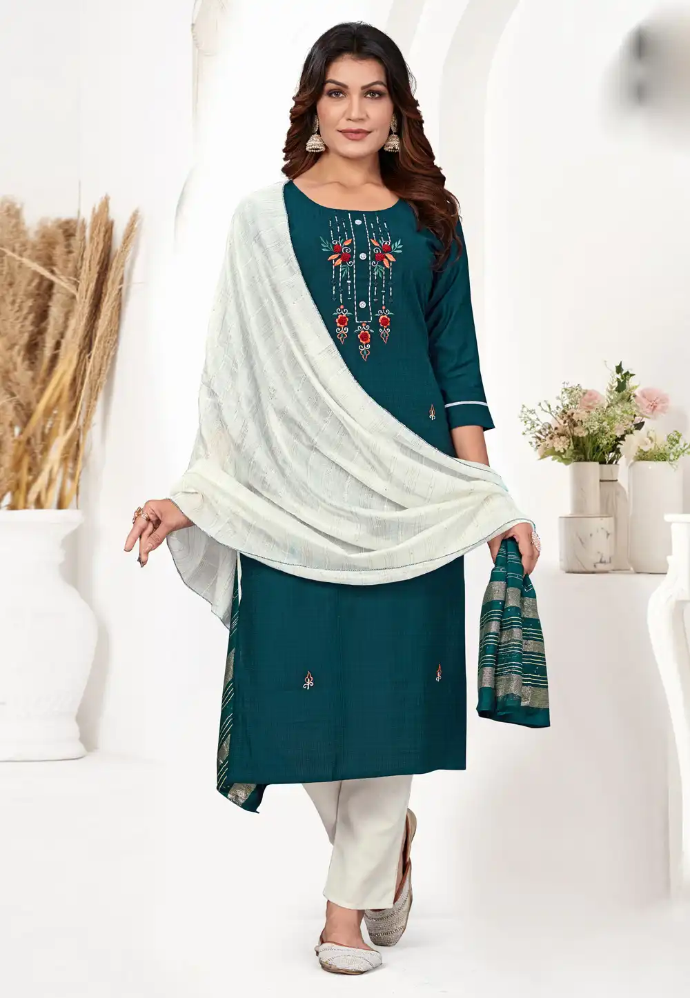 Teal Cotton Readymade Pakistani Suit 294269