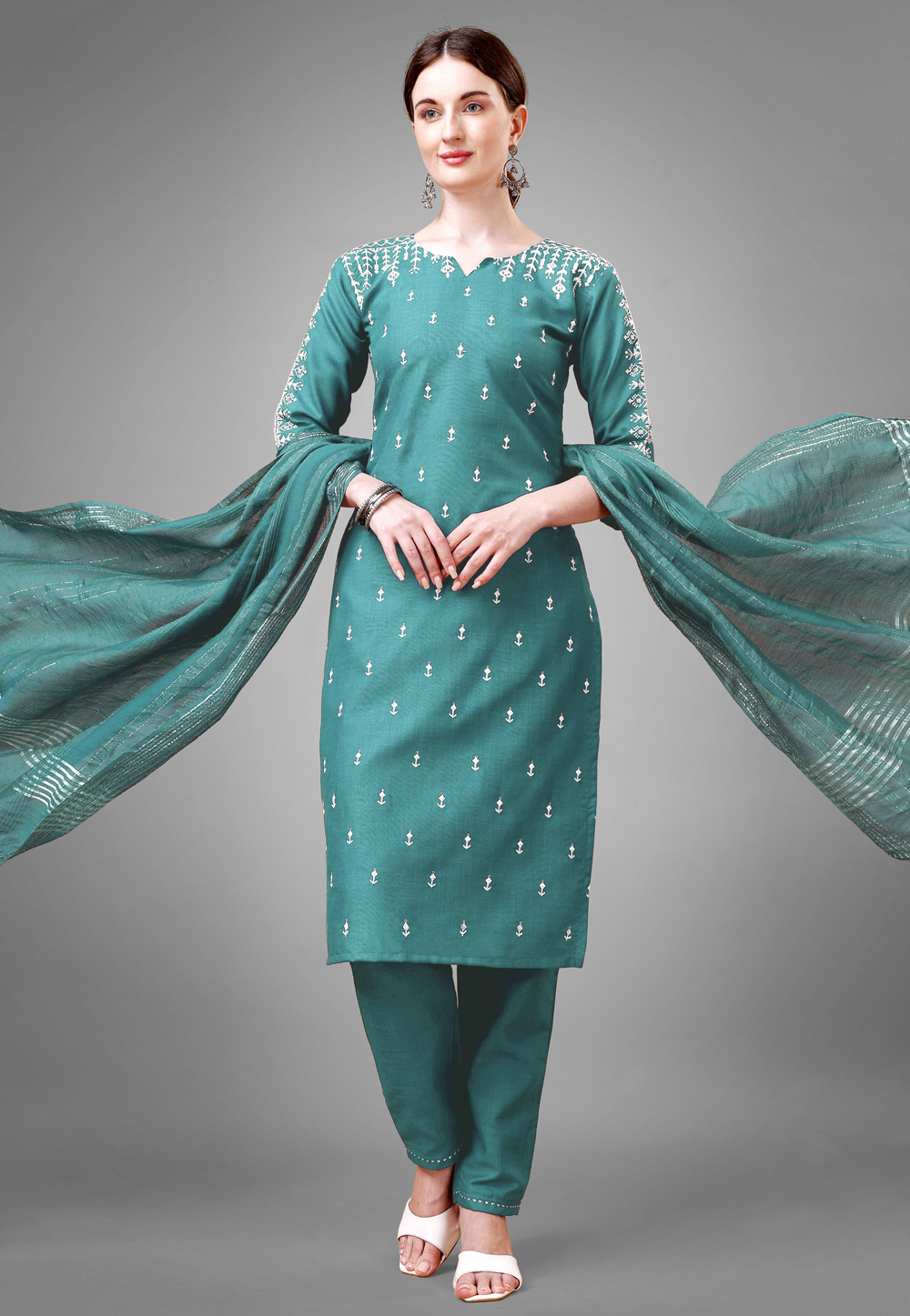 Teal Cotton Readymade Pant Style Suit 279252