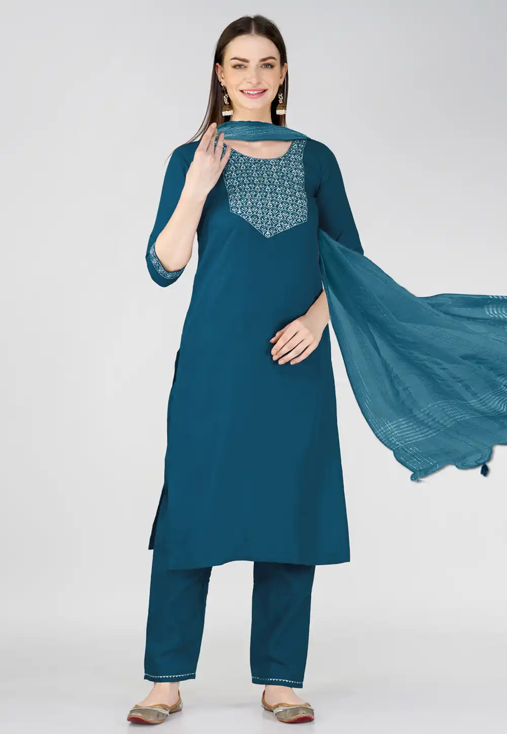 Teal Cotton Readymade Pant Style Suit 290616