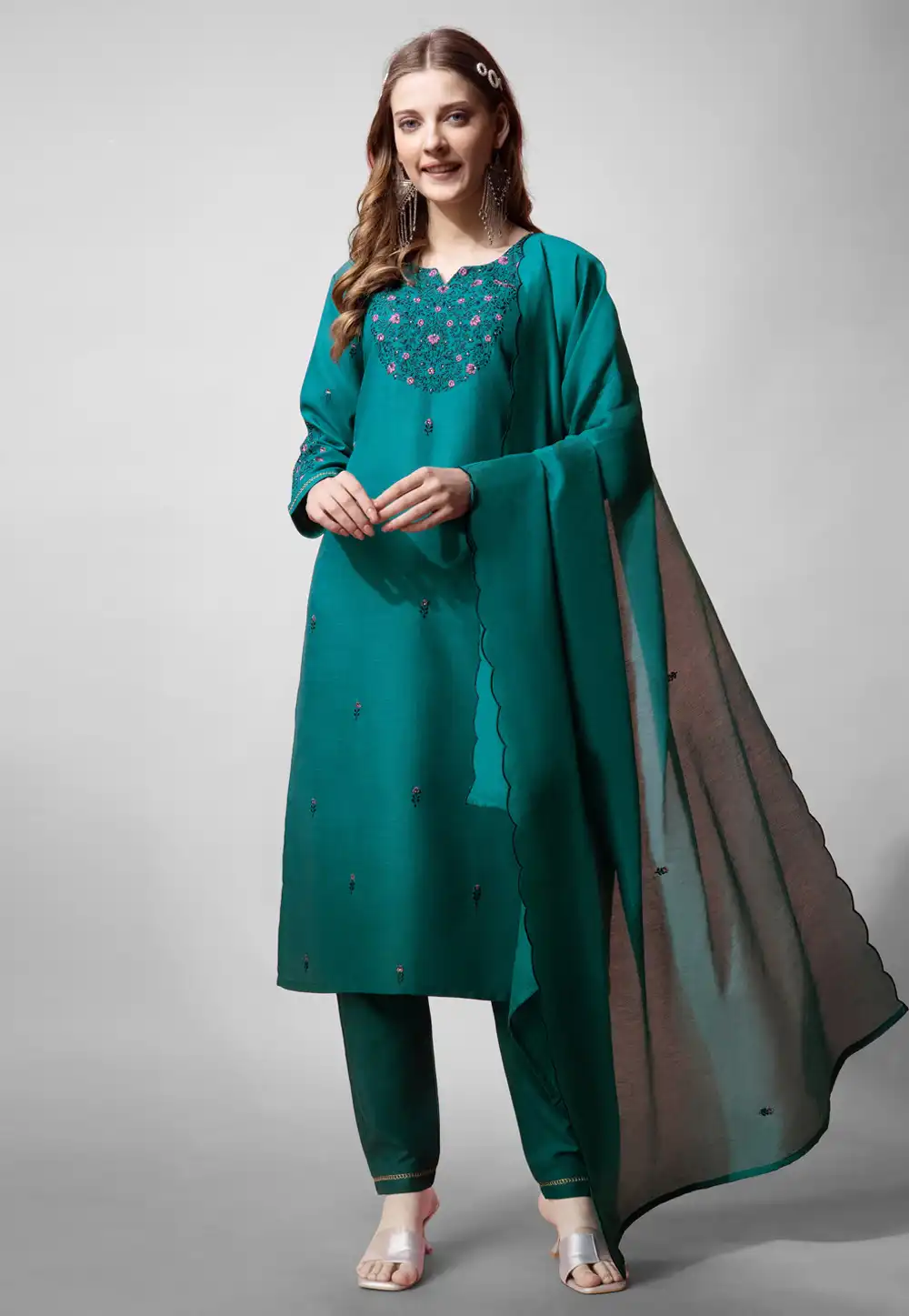 Teal Cotton Readymade Pant Style Suit 290727