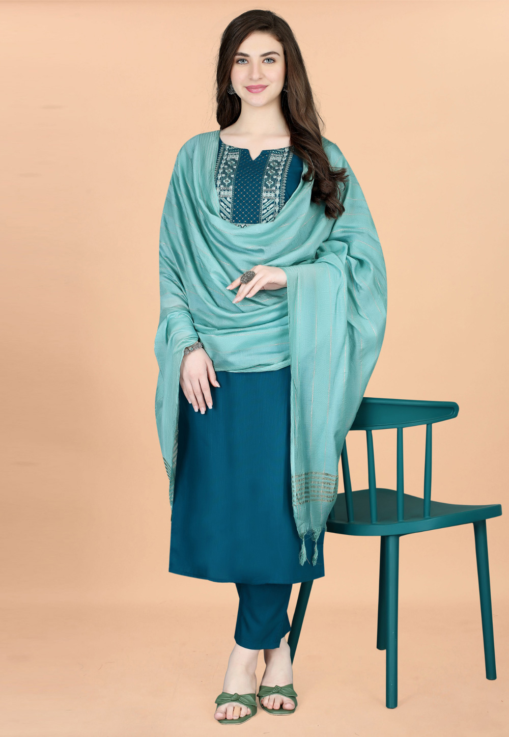 Teal Cotton Readymade Pant Style Suit 280246
