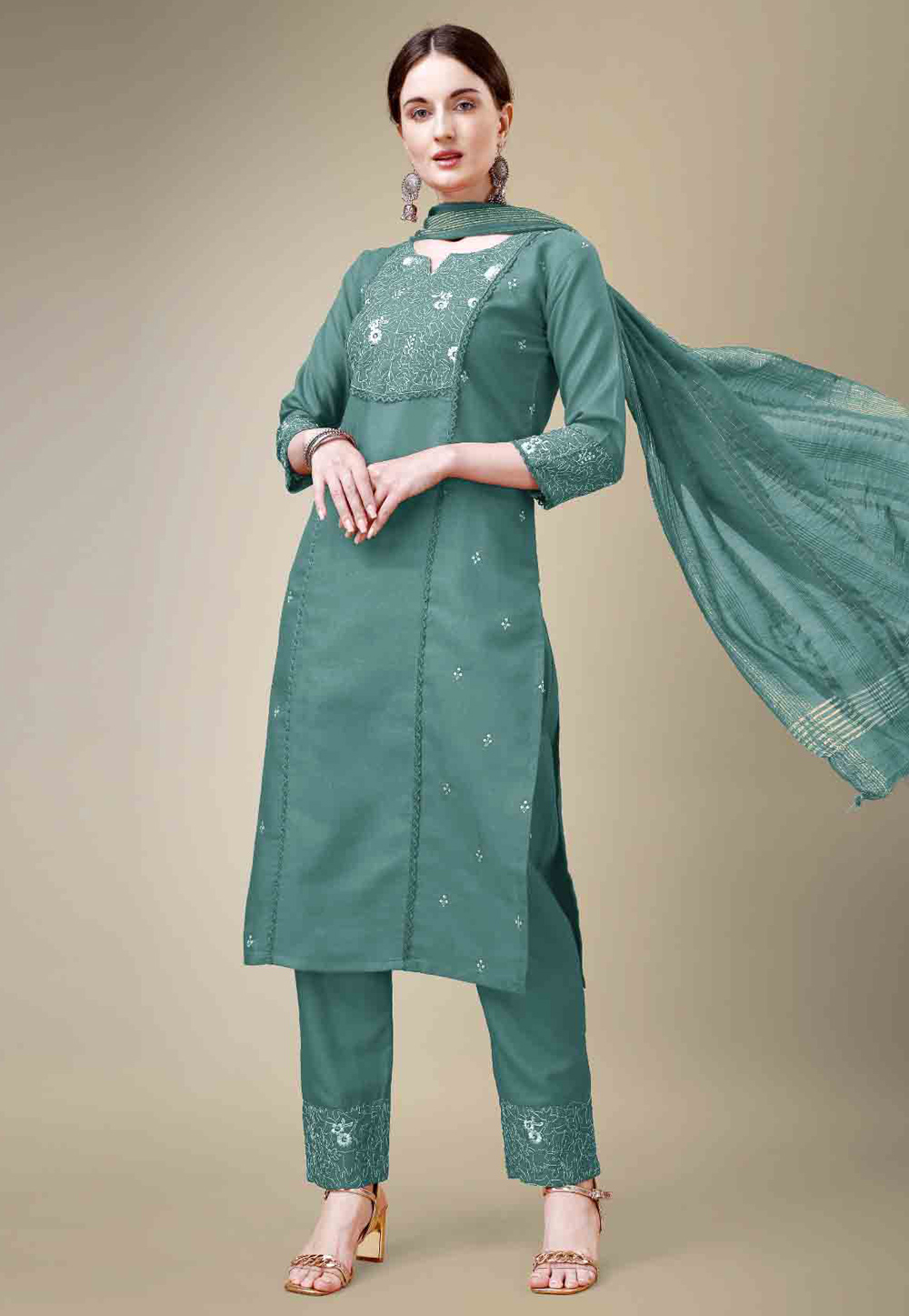Sea Green Cotton Readymade Pant Style Suit 280842