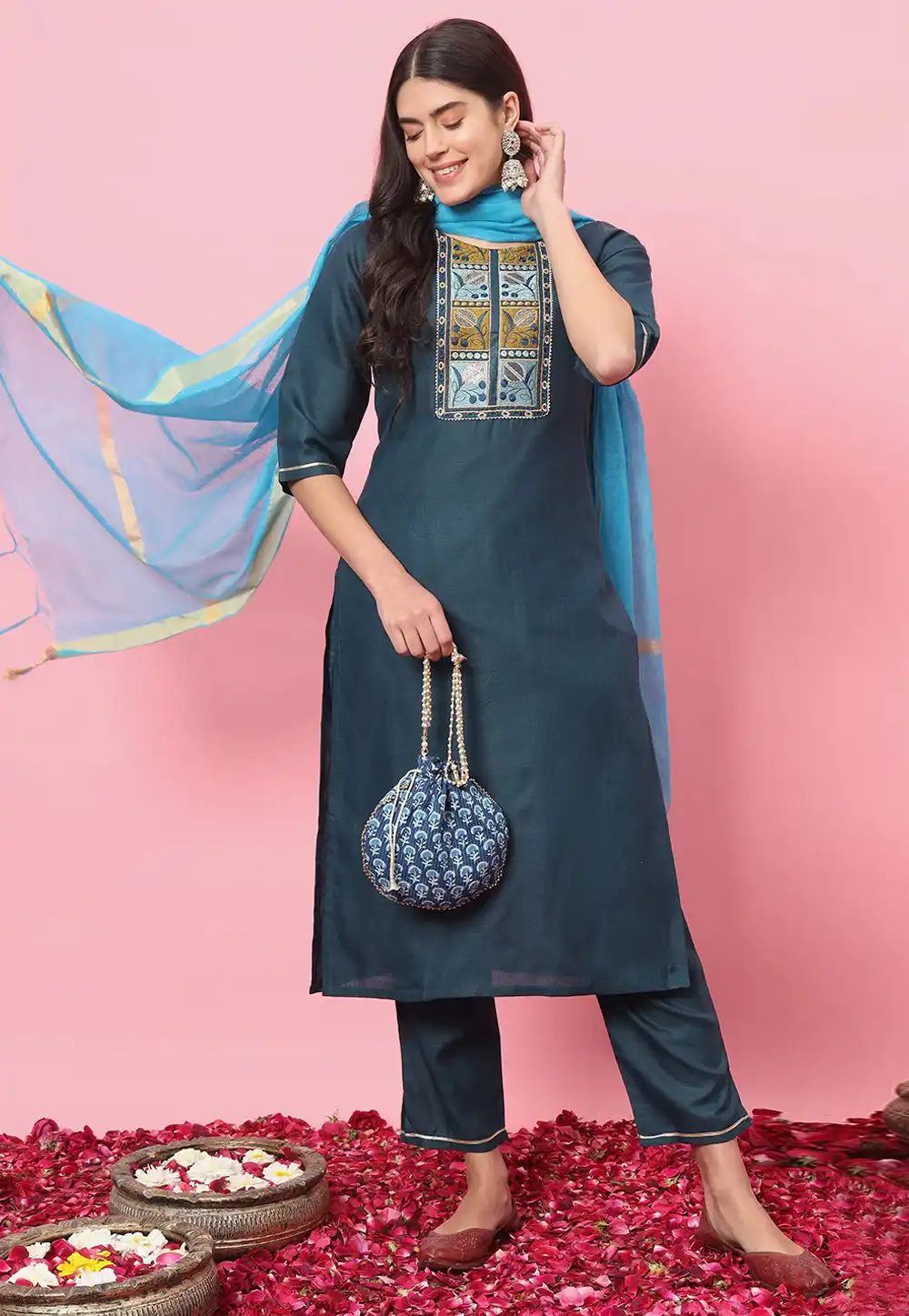 Teal Cotton Readymade Pant Style Suit 289349