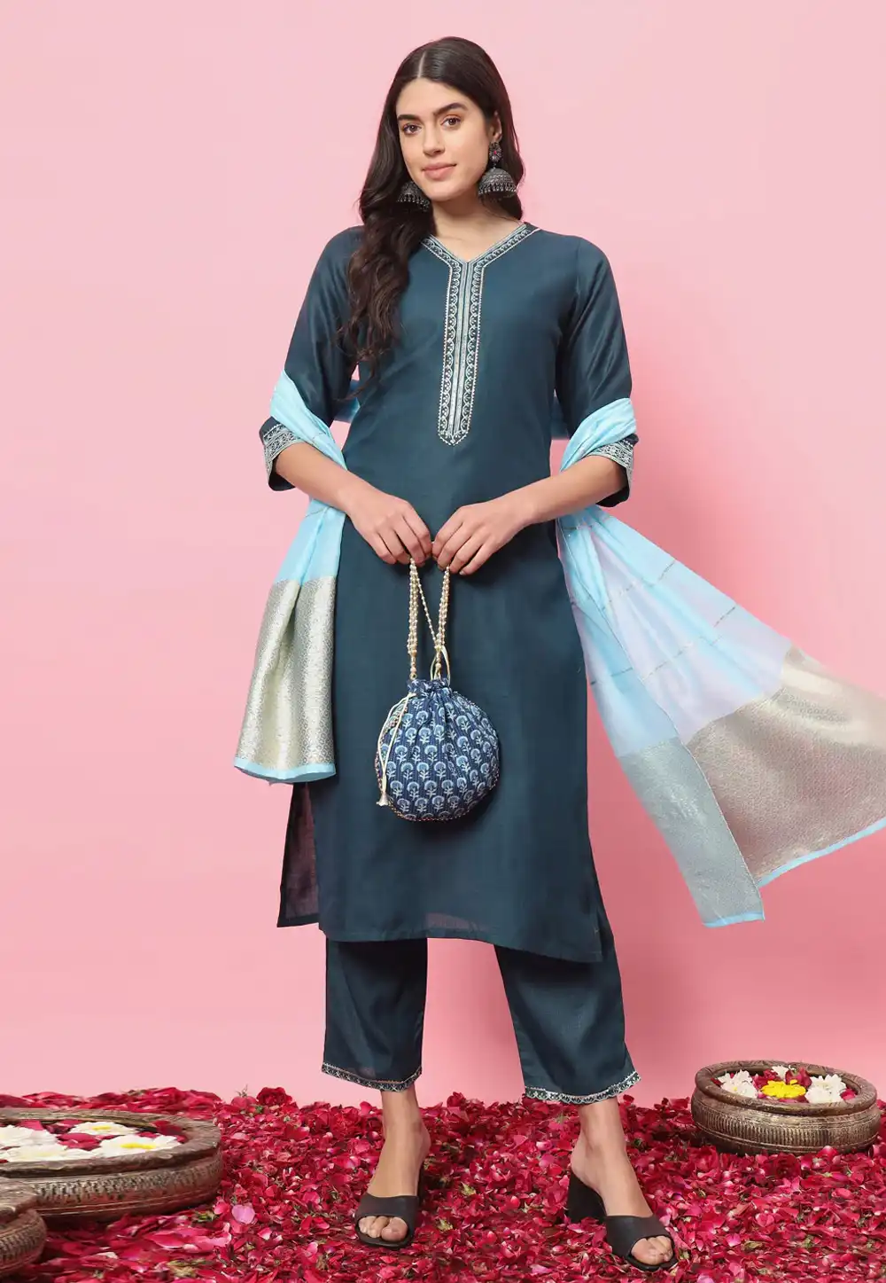 Teal Cotton Readymade Pant Style Suit 289351