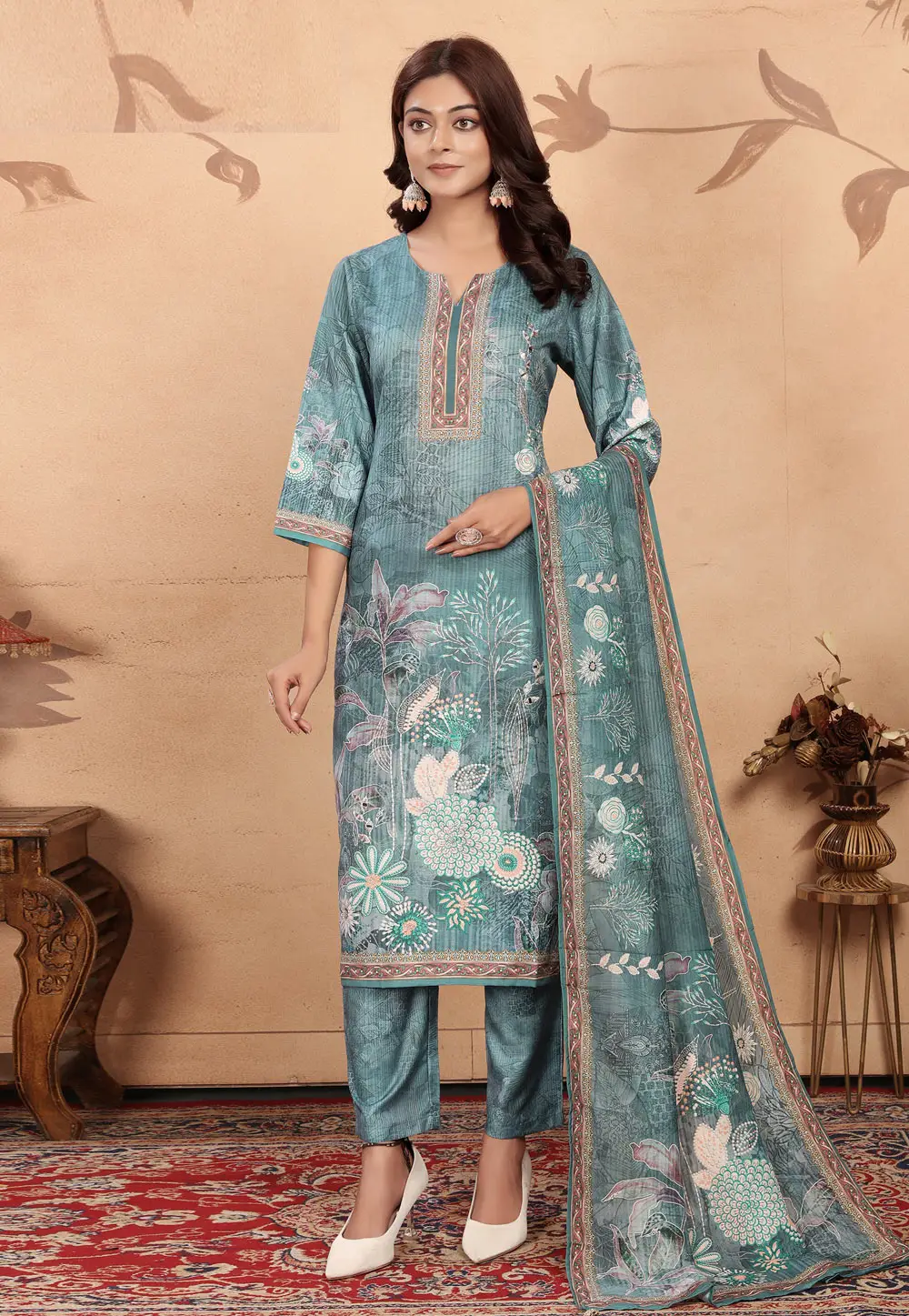 Teal Cotton Readymade Pant Style Suit 296468