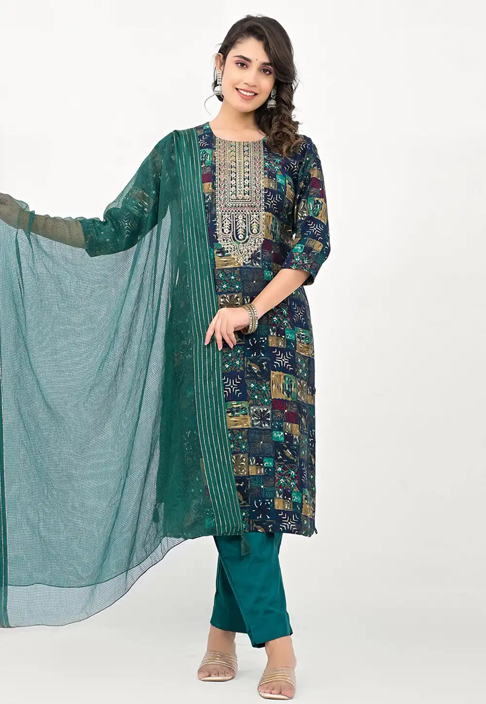 Teal Cotton Readymade Pant Style Suit 290392