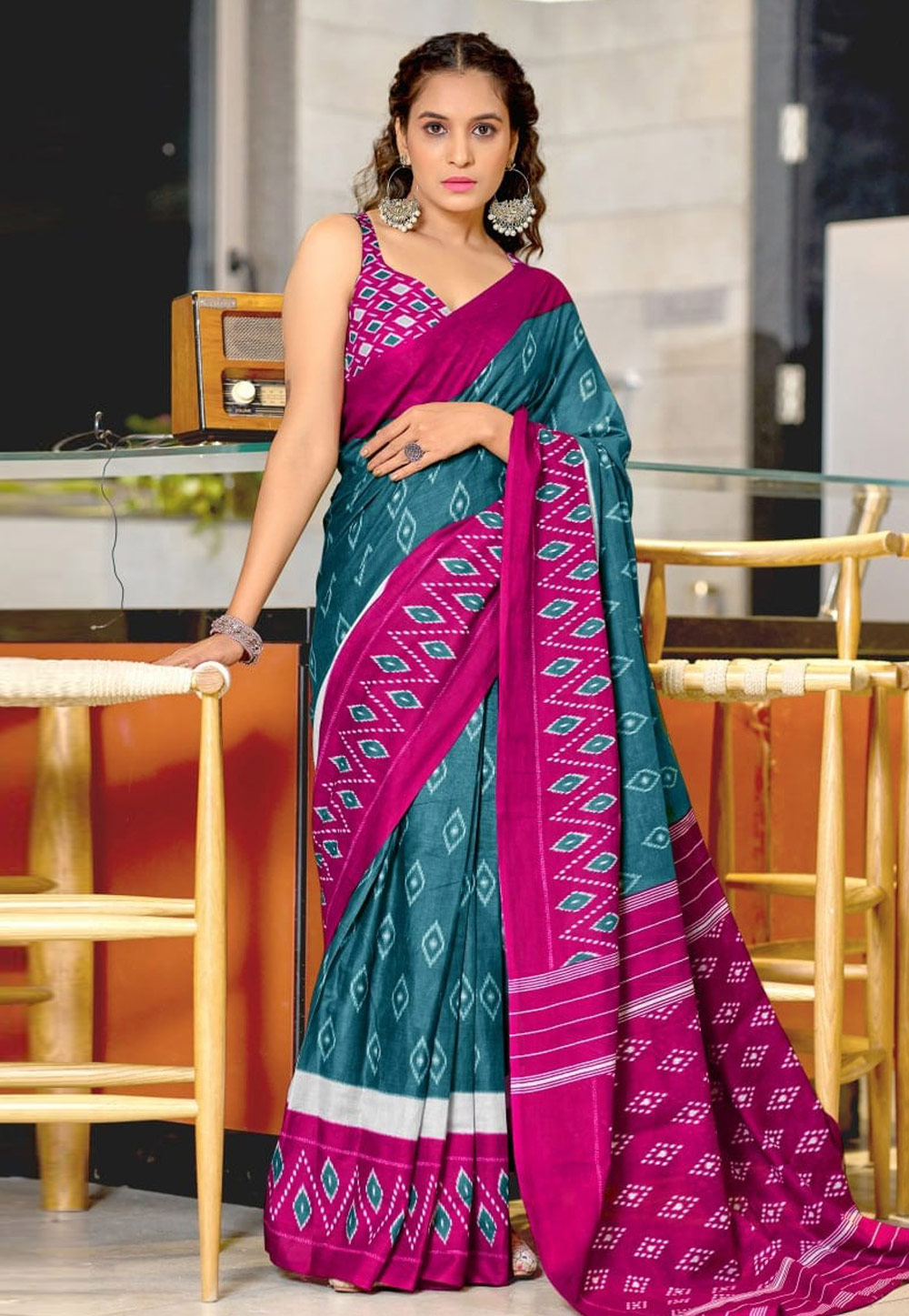 Teal Cotton Saree With Blouse 311133