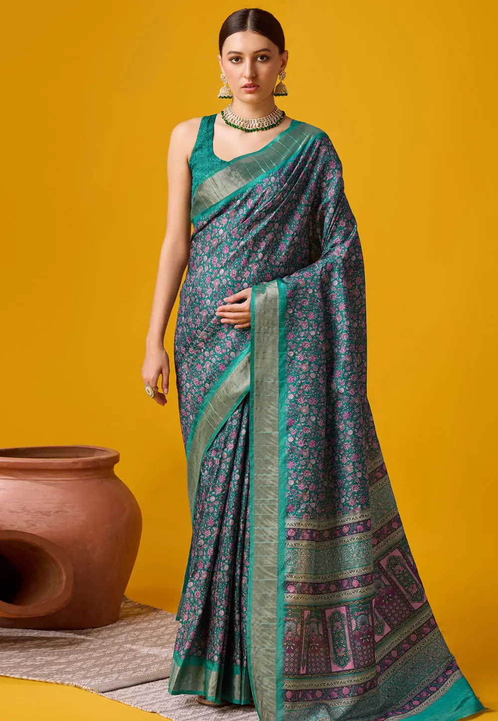 Teal Cotton Saree With Blouse 303117