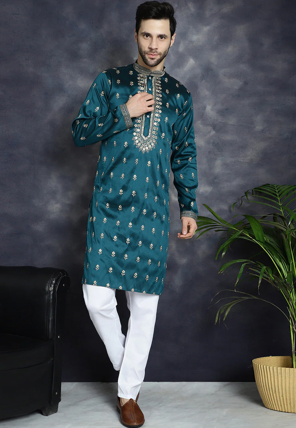 Teal Cotton Silk Kurta Pajama 287501