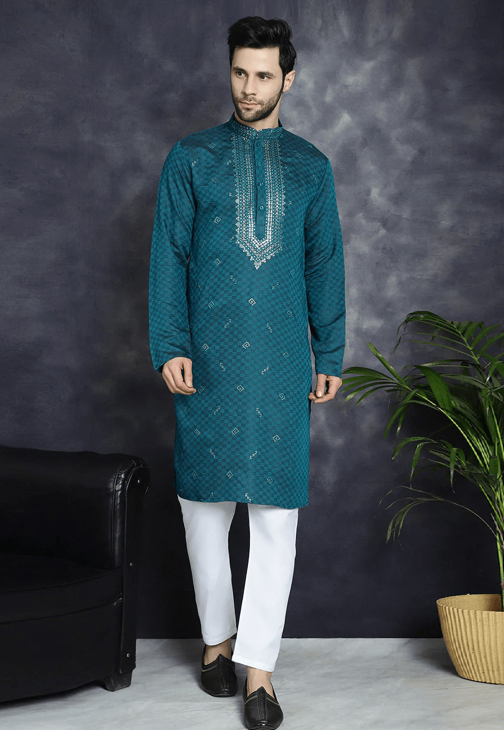 Teal Cotton Silk Kurta Pajama 287744