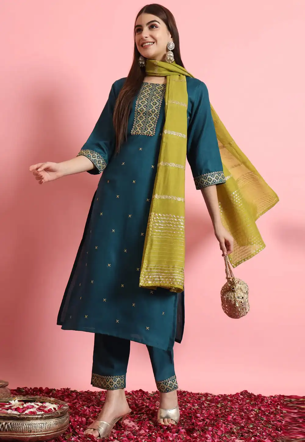 Teal Cotton Silk Readymade Pakistani Suit 289455