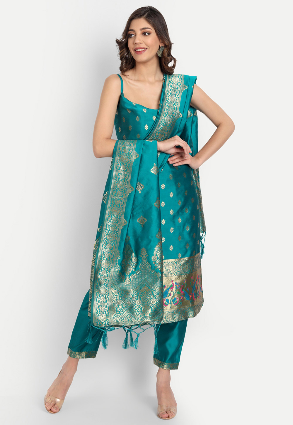 Teal Cotton Silk Readymade Pant Style Suit 310192