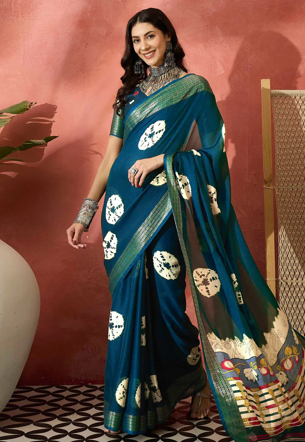 Teal Cotton Silk Saree With Blouse 304703