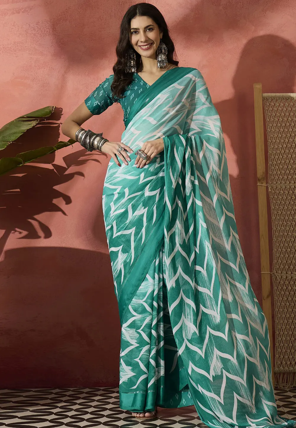 Teal Crepe Georgette Saree With Blouse 304685