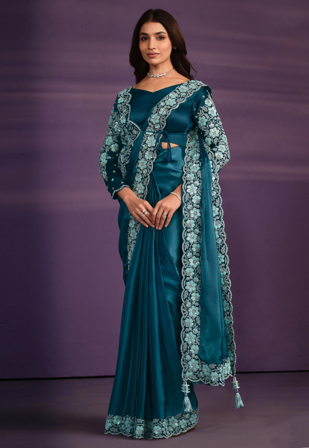 Teal Crepe Lehenga Saree 310844