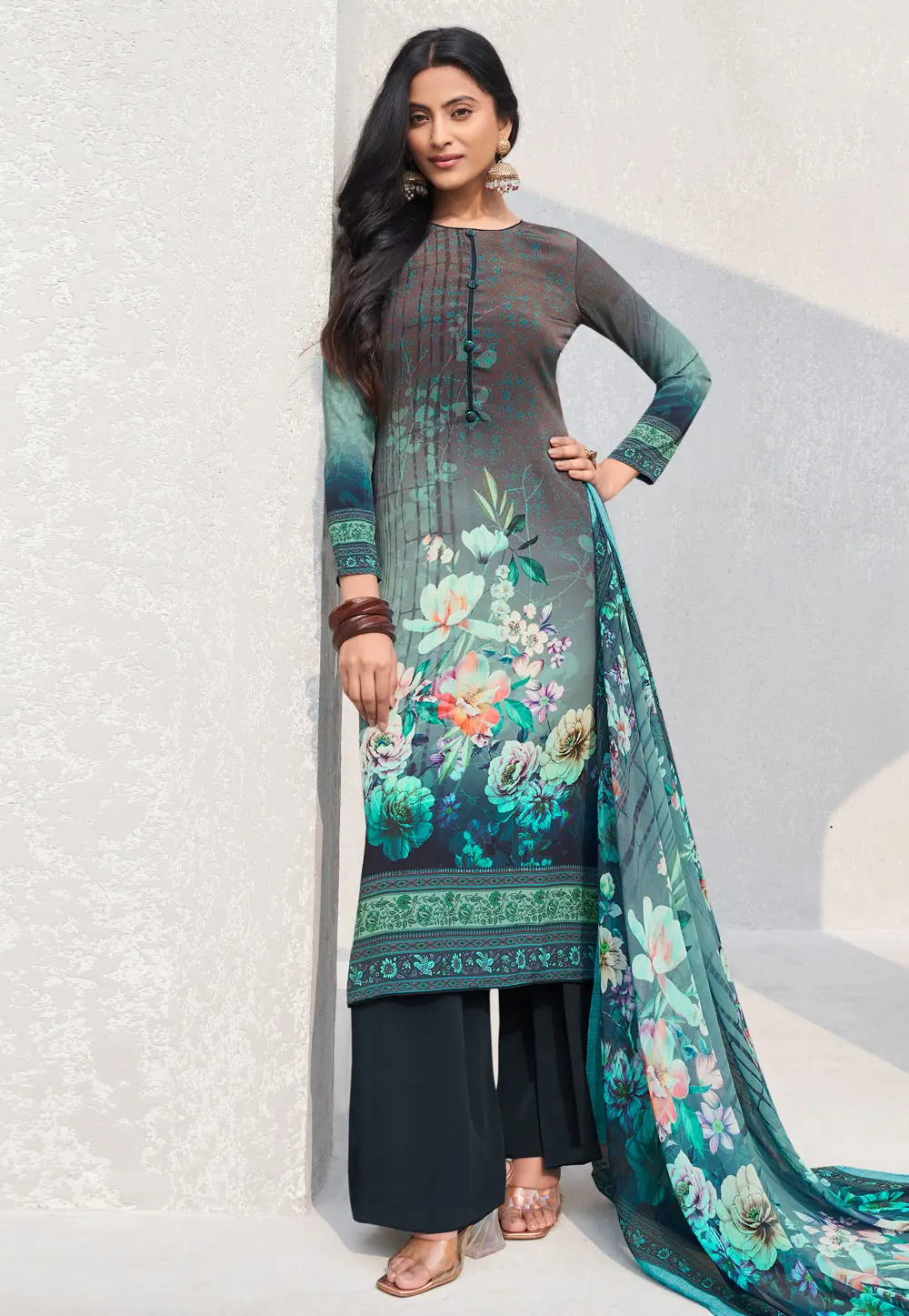 Teal Crepe Palazzo Suit 302064