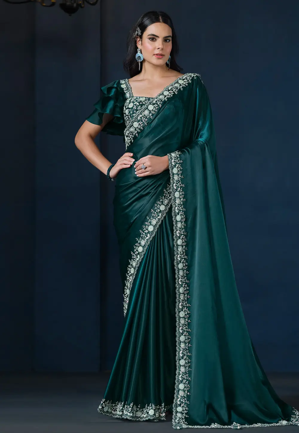 Teal Crepe Plain Saree With Designer Blouse 296817