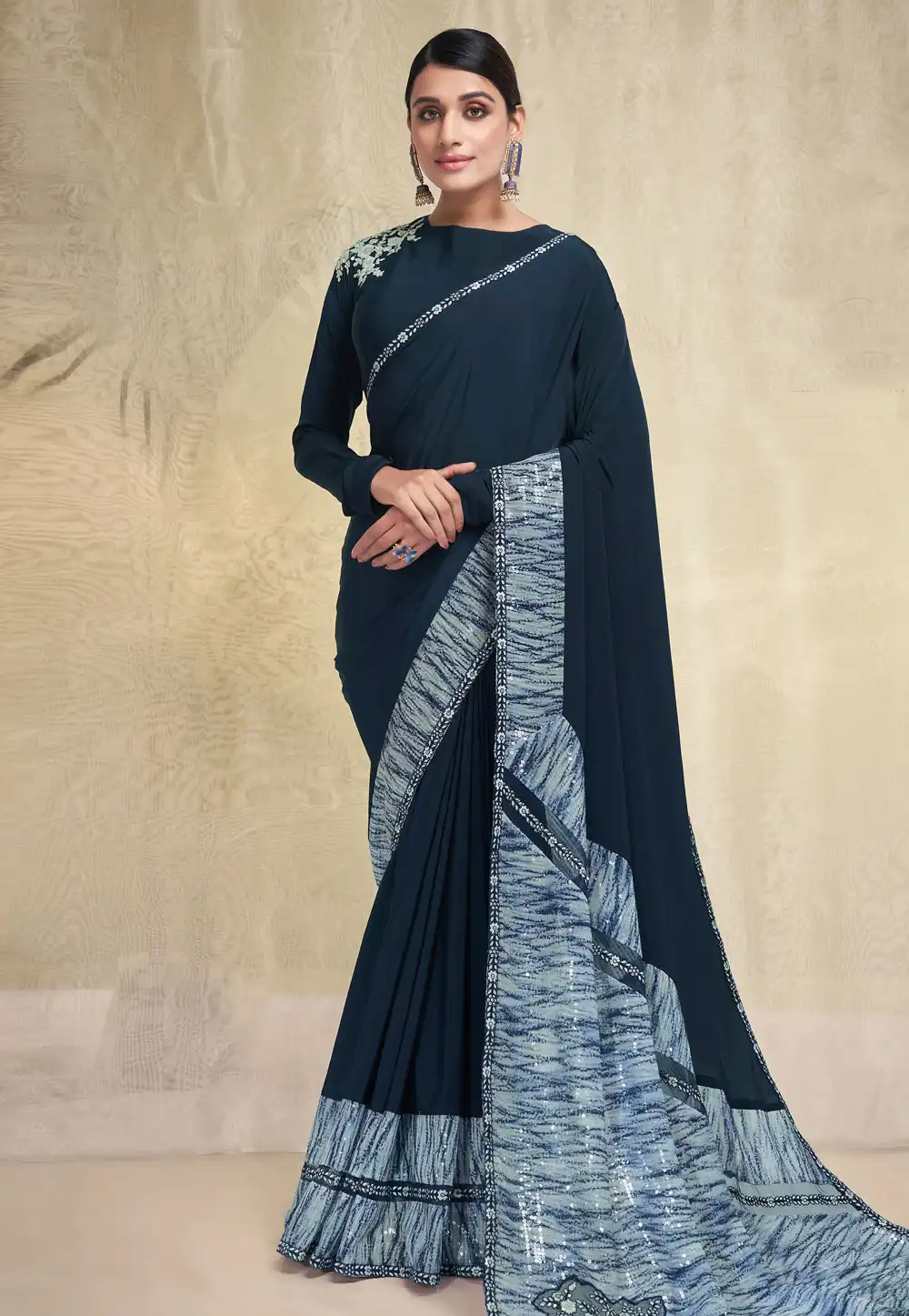 Teal Crepe Saree With Blouse 291783