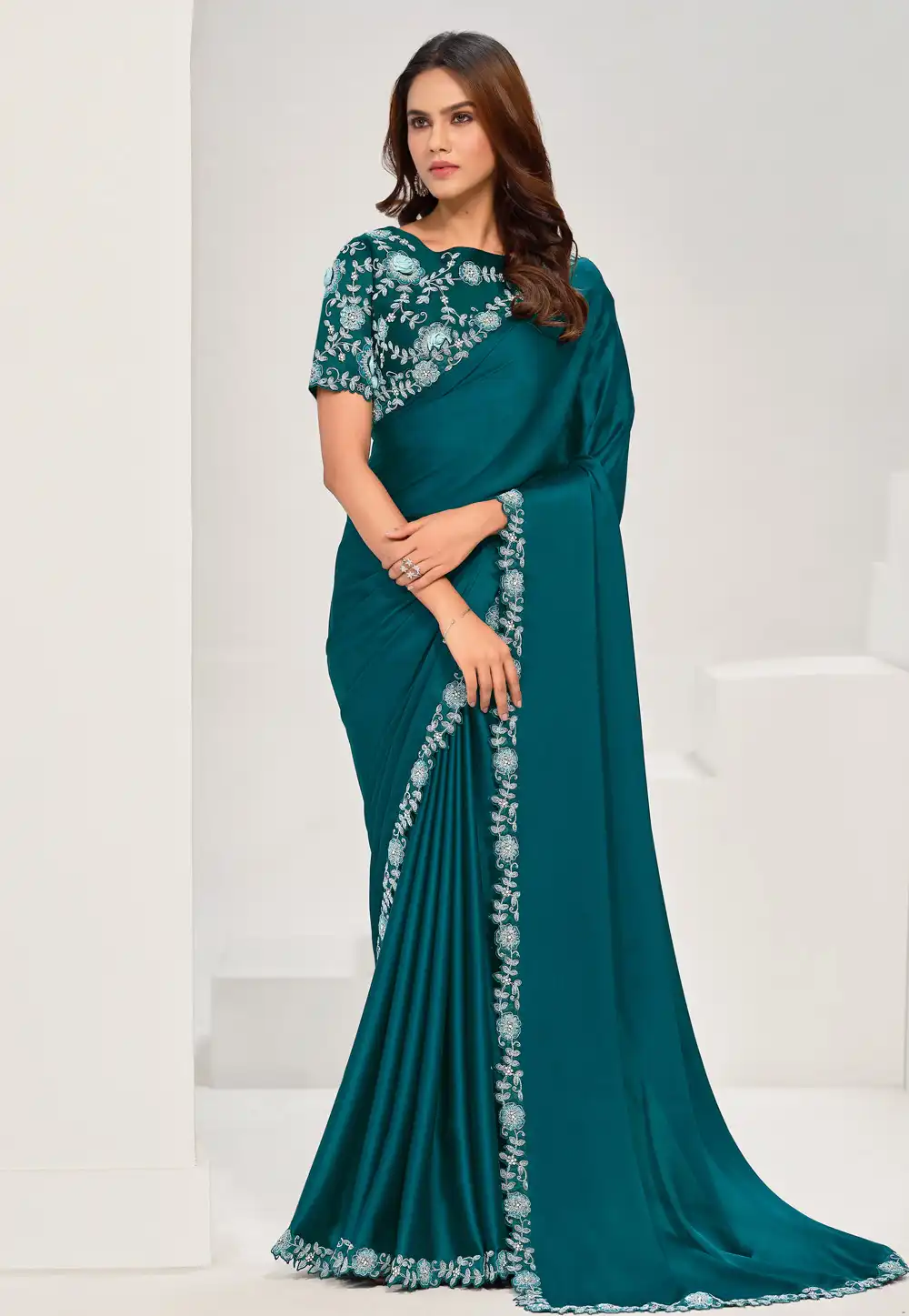 Teal Crepe Saree With Blouse 293075