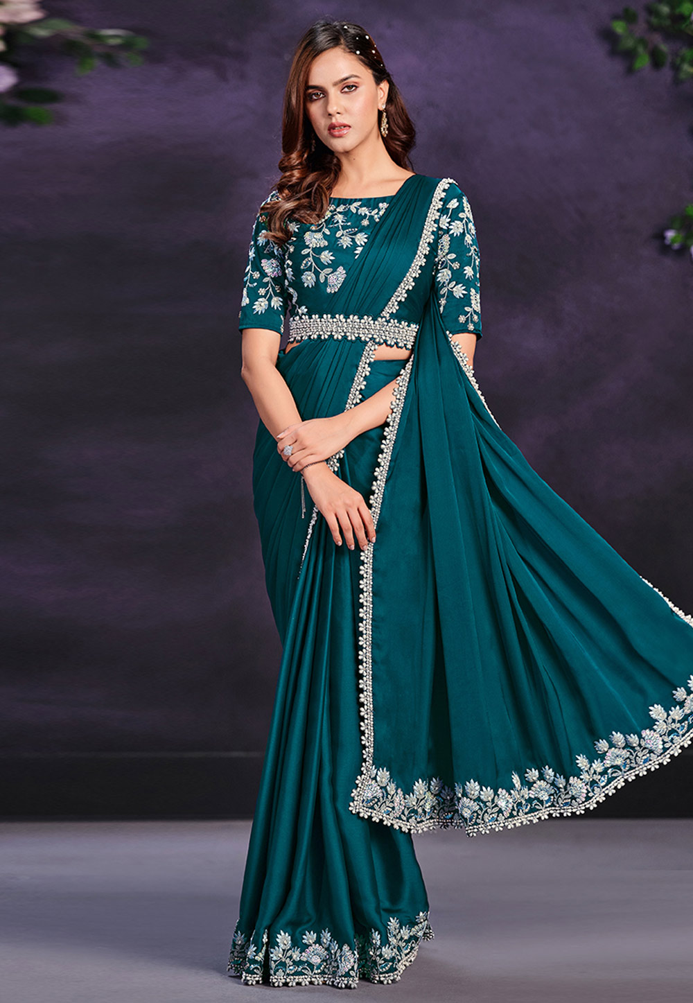 Teal Crepe Satin Saree With Blouse 286617