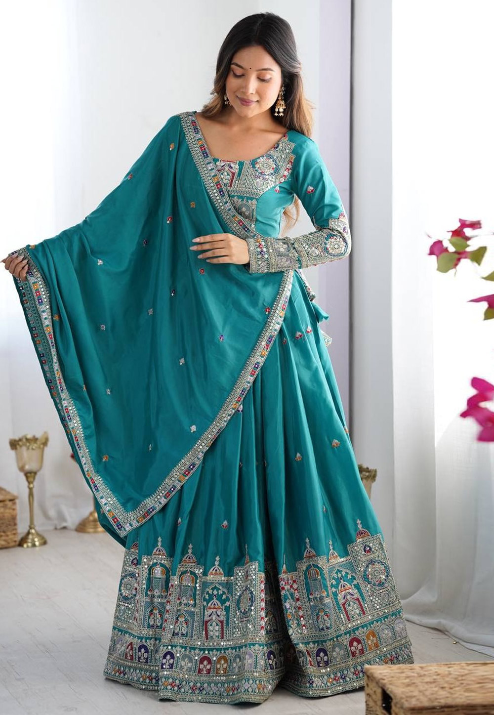 Teal Crepe Silk Navratri Chaniya Choli 310702