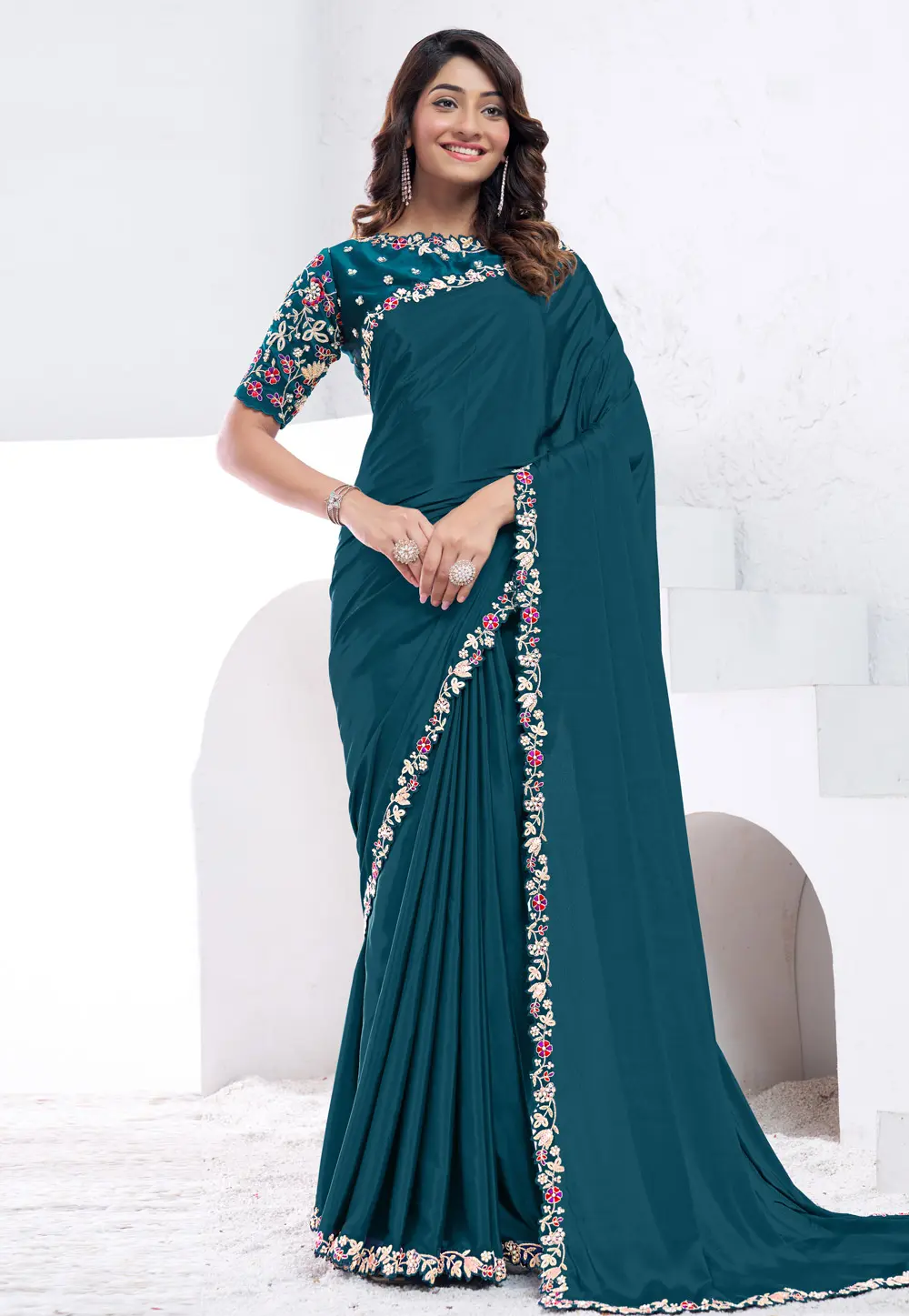 Teal Crepe Silk Saree With Blouse 301288