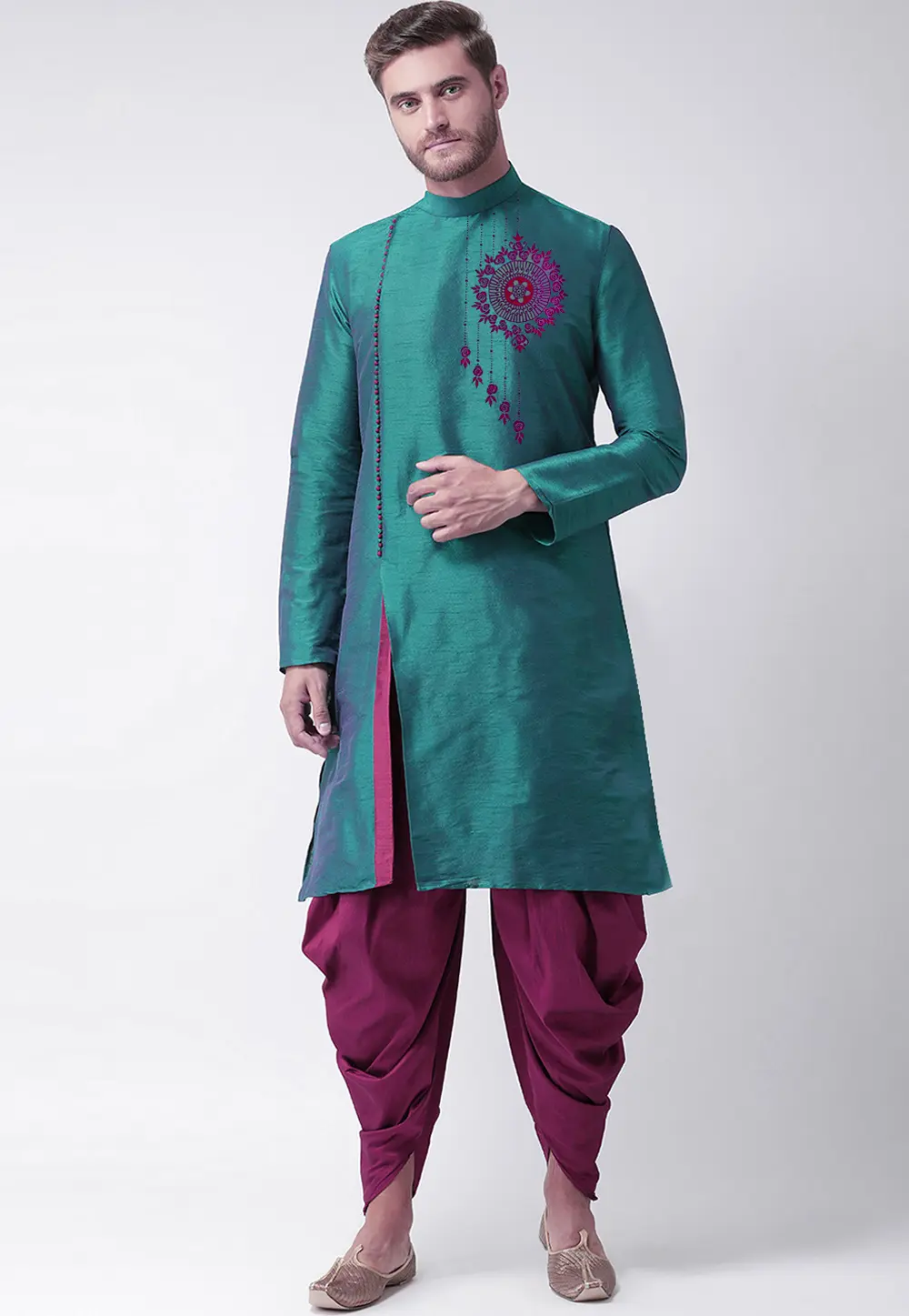 Teal Dupion Silk Dhoti Kurta 304479