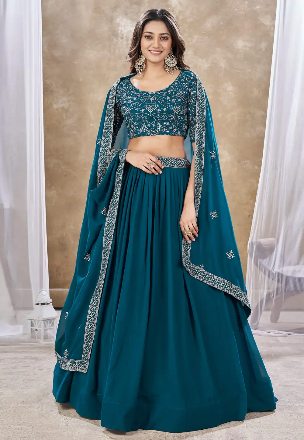 Teal Faux Georgette Circular Lehenga Choli 290988