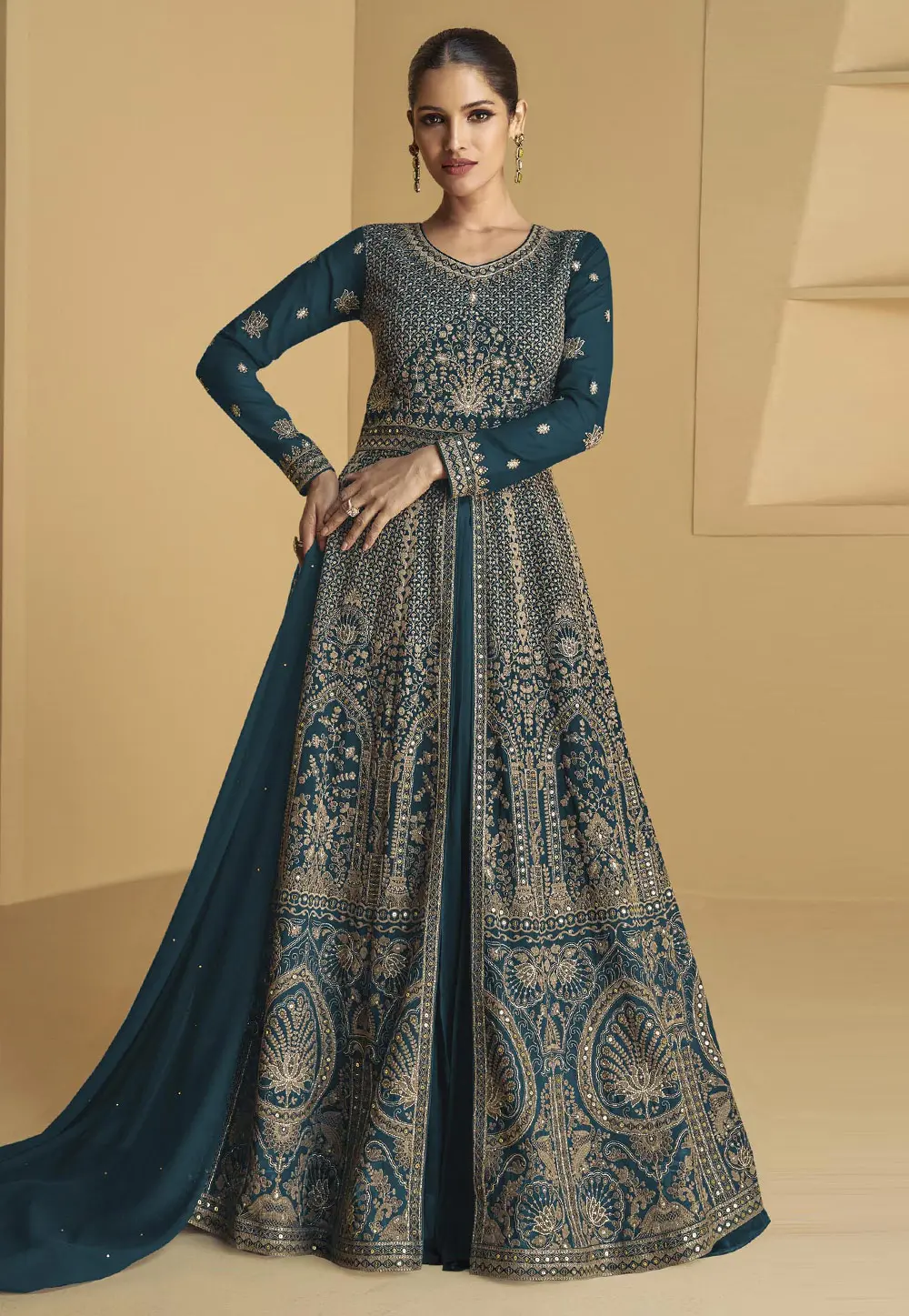 Teal Faux Georgette Embroidered Center Slit Anarkali Suit 302377