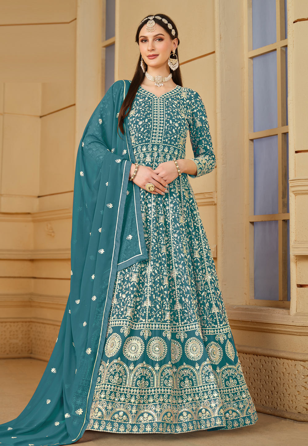 Teal Faux Georgette Embroidered Long Anarkali Suit 282457