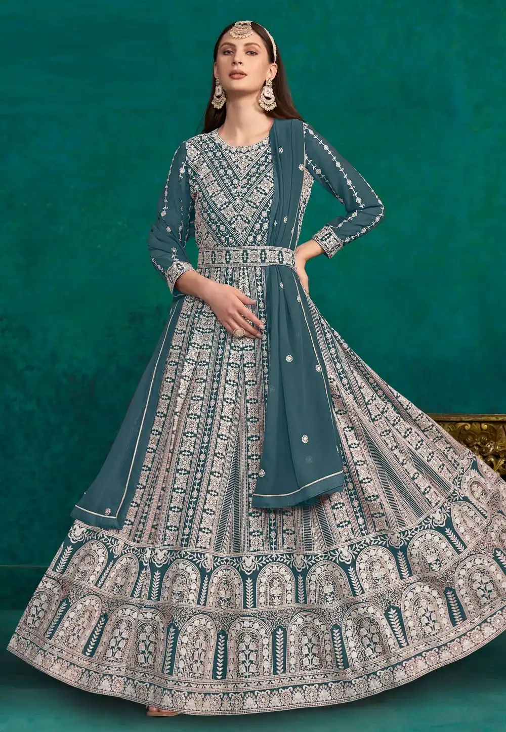 Teal Faux Georgette Embroidered Long Anarkali Suit 288639