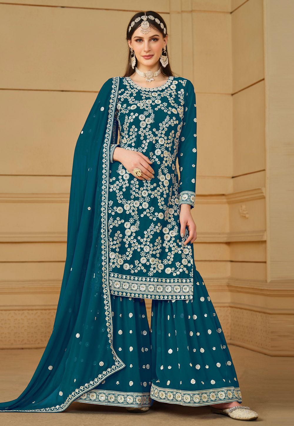 Teal Faux Georgette Embroidered Sharara Suit 283085