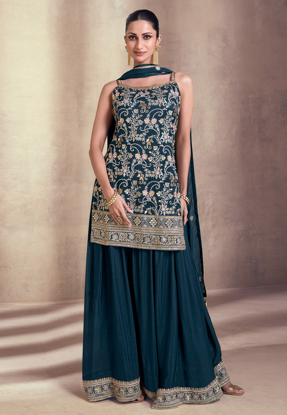 Teal Faux Georgette Embroidered Sharara Suit 285985