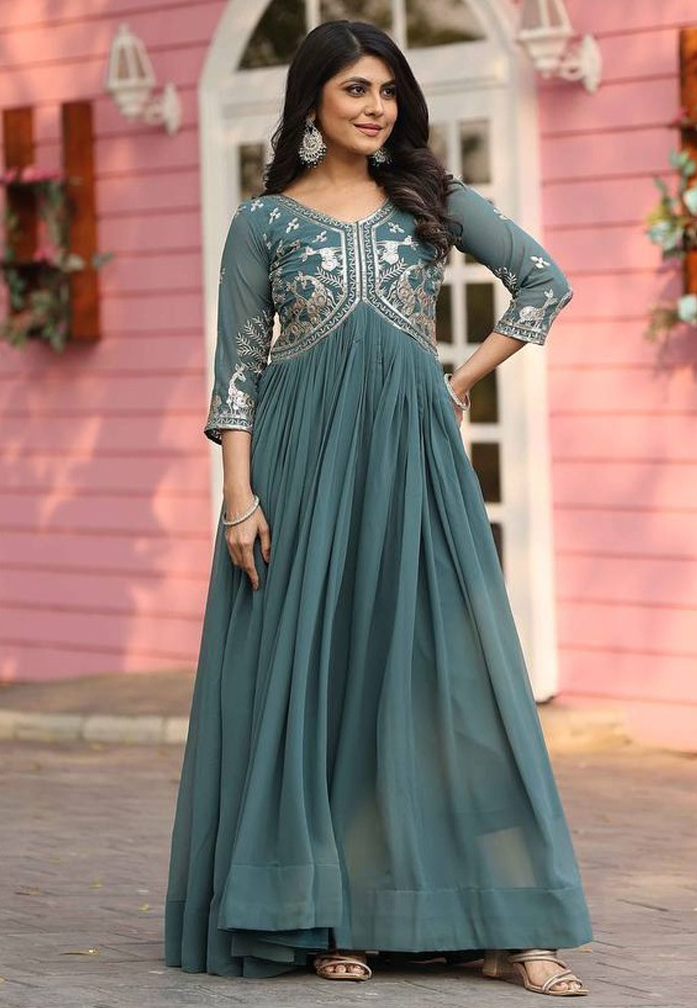 Teal Faux Georgette Gown 306340