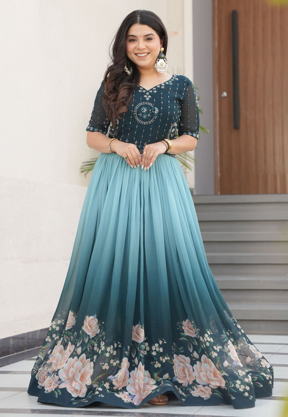 Teal Faux Georgette Gown 309601