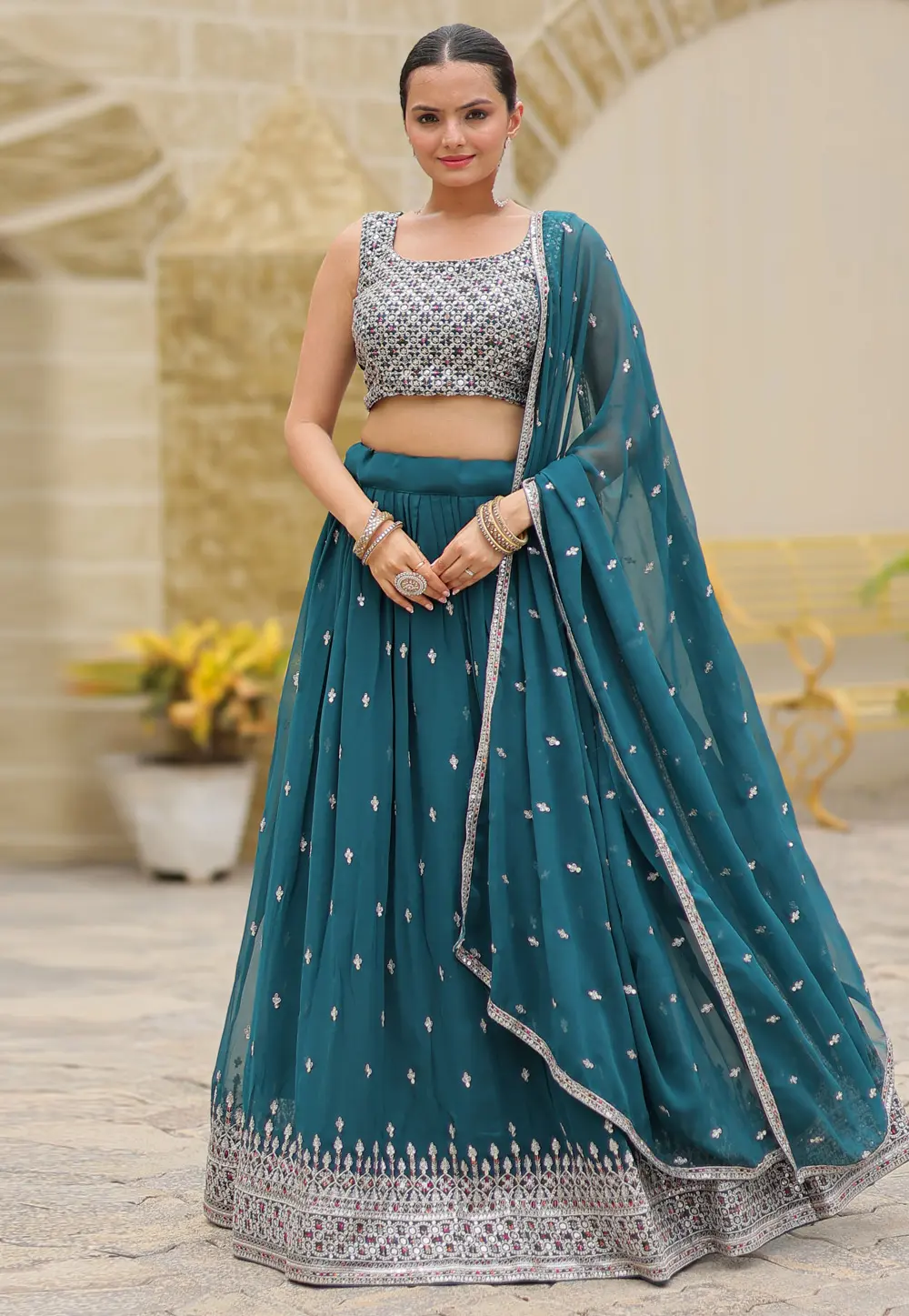 Teal Faux Georgette Lehenga Choli 299077