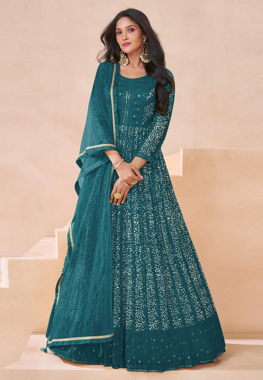 Teal Faux Georgette Long Anarkali Suit 296451