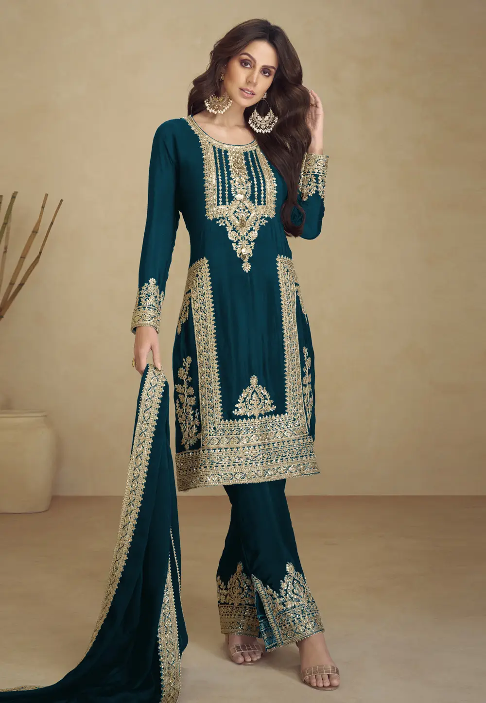 Teal Faux Georgette Pant Style Suit 296163