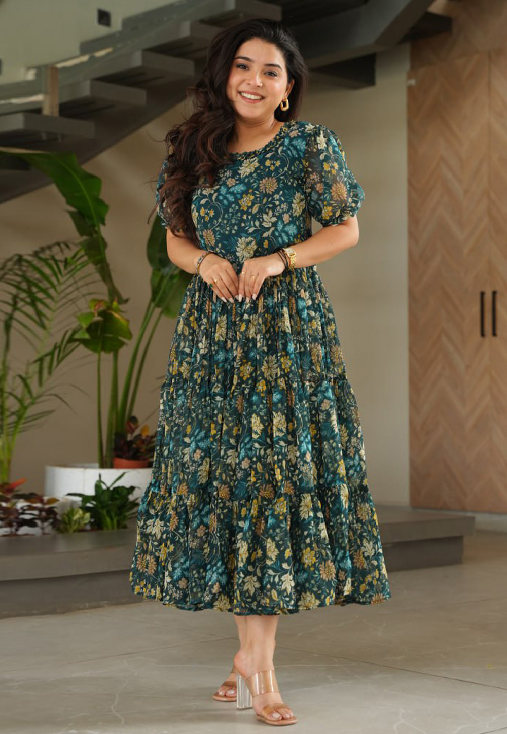 Teal Faux Georgette Printed Gown 309599