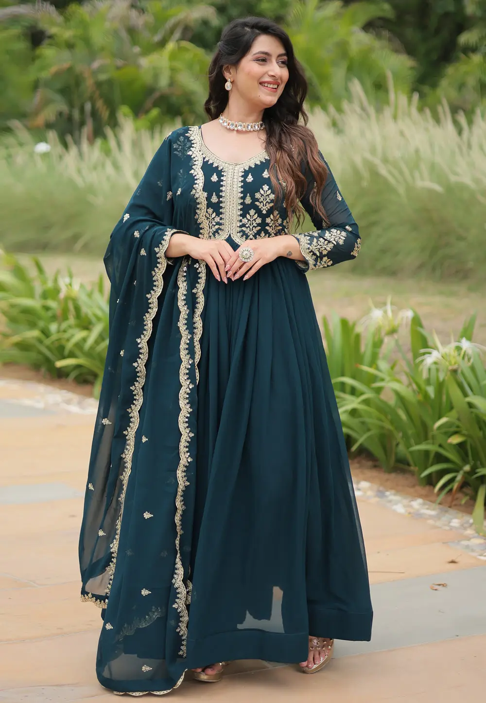 Teal Faux Georgette Readymade Anarkali Suit 297599